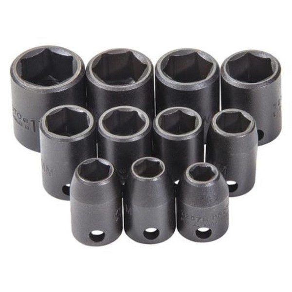 Socket Set, Yes Impact Rated, Measurement System: Metric, 11 Piece, 6 Points, 7 to 17 mm Included Socket Size, 3/8 in Drive, ASME B107.33M Specifications Met, Alloy Steel, Black Oxide