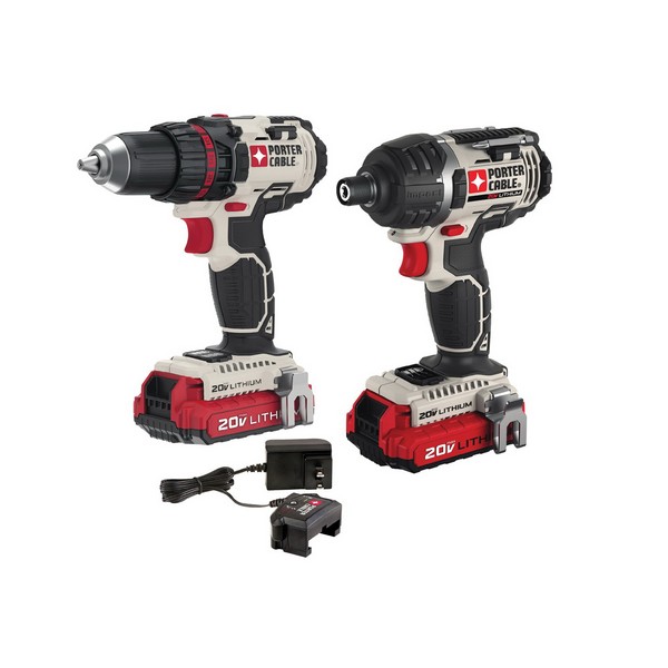 Cordless Combination Kit, 2-Tool Compact, Drill Driver, Impact Driver, 20 V, Lithium-Ion, Kit Bag Package Type, Black/Gray/Red