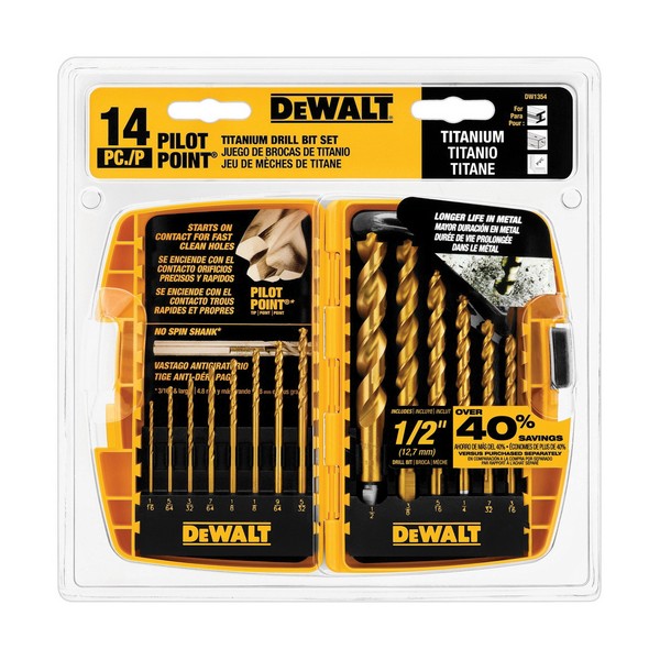 Drill Bit Set, General Purpose, 14 Piece, Specifications: Pilot Point, Straight Shank, Metal, Titanium Coated, Silver