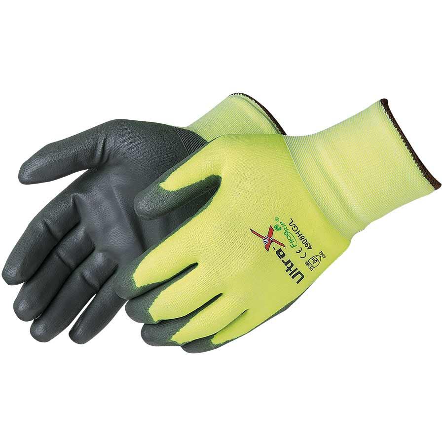 Glove, Durable, 2XL Size, Polyurethane Palm, 18 ga Yarn, Gray/Hi-Vis Green, Knit Wrist Cuff, ANSI Cut-Resistance Level: A2, Resists: Abrasion/Cut/Puncture/Tear