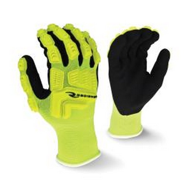 General Purpose Gloves, Series: RWG21, Dipped Palm Glove, 2XL Size, Foam Nitrile Palm, 13 ga Nylon With TPR, Black/Hi-Viz Yellow, Reinforced Thumb/String Knit Style, Seamless/Slip-On Cuff, Foam Nitrile Coating, Palm Coating Coverage, Elastic Closure,