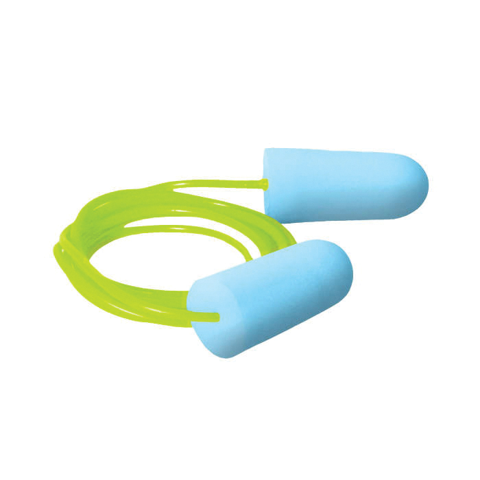 Ear Plugs, Corded Small, 31 dB Noise Reduction, Tapered Bullet Shape, Blue Plug, Polyurethane Foam Plug, Lime Cord, Specifications Met: ANSI S3.19, Disposable/Reusable: Disposable