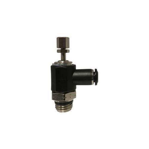 Valve, Right Angle Flow Control, 6 mm Push-In x 1/8 in MNPT Nominal, 0 to 150 psi Pressure, 0 to 160 °F, Media: Air, Composite Polyacetal Body, Brass Retainer/Spacer/Stainless Steel Gripper Ring Trim, NBR 70 O-Ring Softgoods