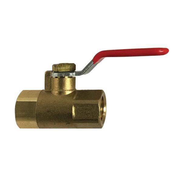 Ball Valve, Mini, 1/8 Inch Nominal, FNPT, 200 psi WOG, -20 to 250 °F, Media: Gas, Oil and Water, Lever Handle Actuator, Brass Ball, 1.53 Inch Inlet to Outlet Length, Forged Brass Body, Brass Stem/Ball Disc/End Plug/Steel Nut Trim, NBR O-Ring/PVC Cover/Teflon Seat, 2.8 Inch Length x 1.42 Inch Height, Import