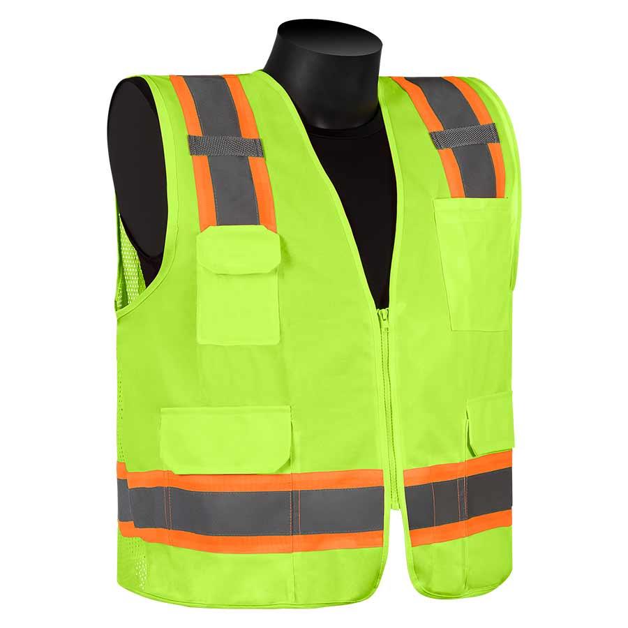 Surveyor Vest, Reflective, Series: C16012G, 4XL Size, Hi-Viz Green, Mesh/Polyester, Front Zipper Closure, 5 Pockets, ANSI Class: Class 2