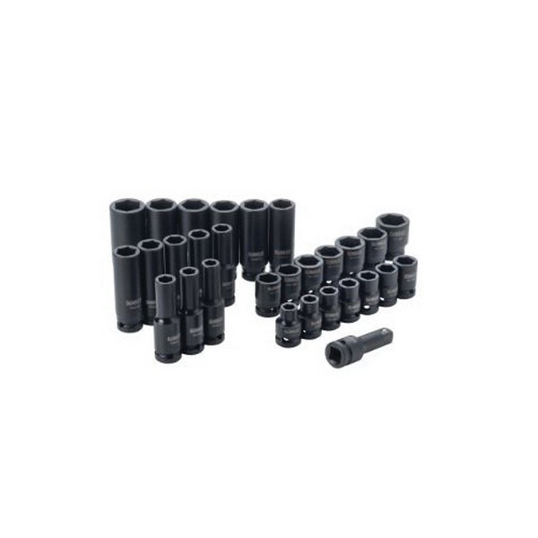Impact Socket Set, Yes Impact Rated, Measurement System: Imperial/Metric, 30 Piece, 6 Points, Included Socket: 10 to 24 mm, 1/2 in Drive, Drivers Included: No, Carrying Case Container, For Use With: O-Ring and Retaining Pin, CR-440 Steel, Black Oxide