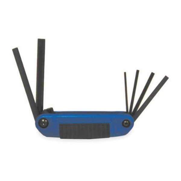 Hex Key Set, Long Arm, Measurement System: Metric, 6 Piece, 3 to 10 mm Hex, Foldable Handle, Specifications Met: ASME B18.3, Specifications: 3 in L Arm, 5 in L Bits, Alloy Steel, Black Oxide