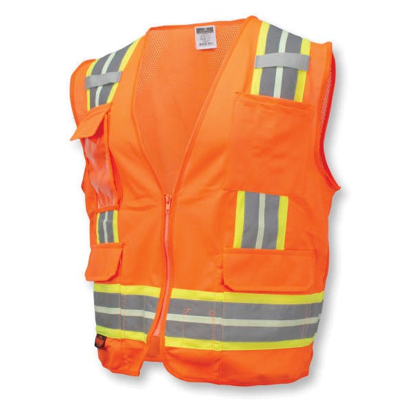Surveyor Safety Vest, 2-Tone Glow-In-The-Dark, Series: SV6GL, 2XL Size, Hi-Viz Orange, Polyester Mesh, Silver Stripe, 30 in Chest, 28 in Length, Front Zipper Closure, 8 Pockets, ANSI Class: Class 2, Specifications Met: ANSI/ISEA 107-2015 Type R