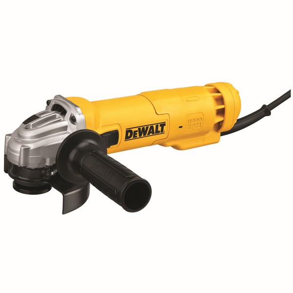 Electric Angle Grinder, Low Profile Small, Tool, 4-1/2 in Wheel Dia, 5/8-11 UNC Arbor/Shank, 11000 RPM, 1.8 HP, 120 VAC, 11 A, For Wheel Type: Quick-Change™, Plastic Housing, 2-Position/Side Handle, Black/Yellow, Lock-On Slide Switch Control, Dust Ma