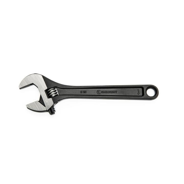 Adjustable Wrench, 1-1/8 in Wrench Opening, 8 in Overall Length, 2.48 in Jaw Width, 0.3 in Jaw Thickness, Non-Slip/Non-Cushion Grip Handle, Heat Treated Alloy Steel Body, Heat Treated Alloy Steel, Black Oxide