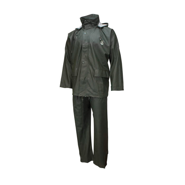 Marine Rain Suit, 2-Piece, Series: MM30S, XL Size, Green, Polyester/PVC, Tuck Away Hood, 0.3 mm Thickness, Snap Storm Front Closure
