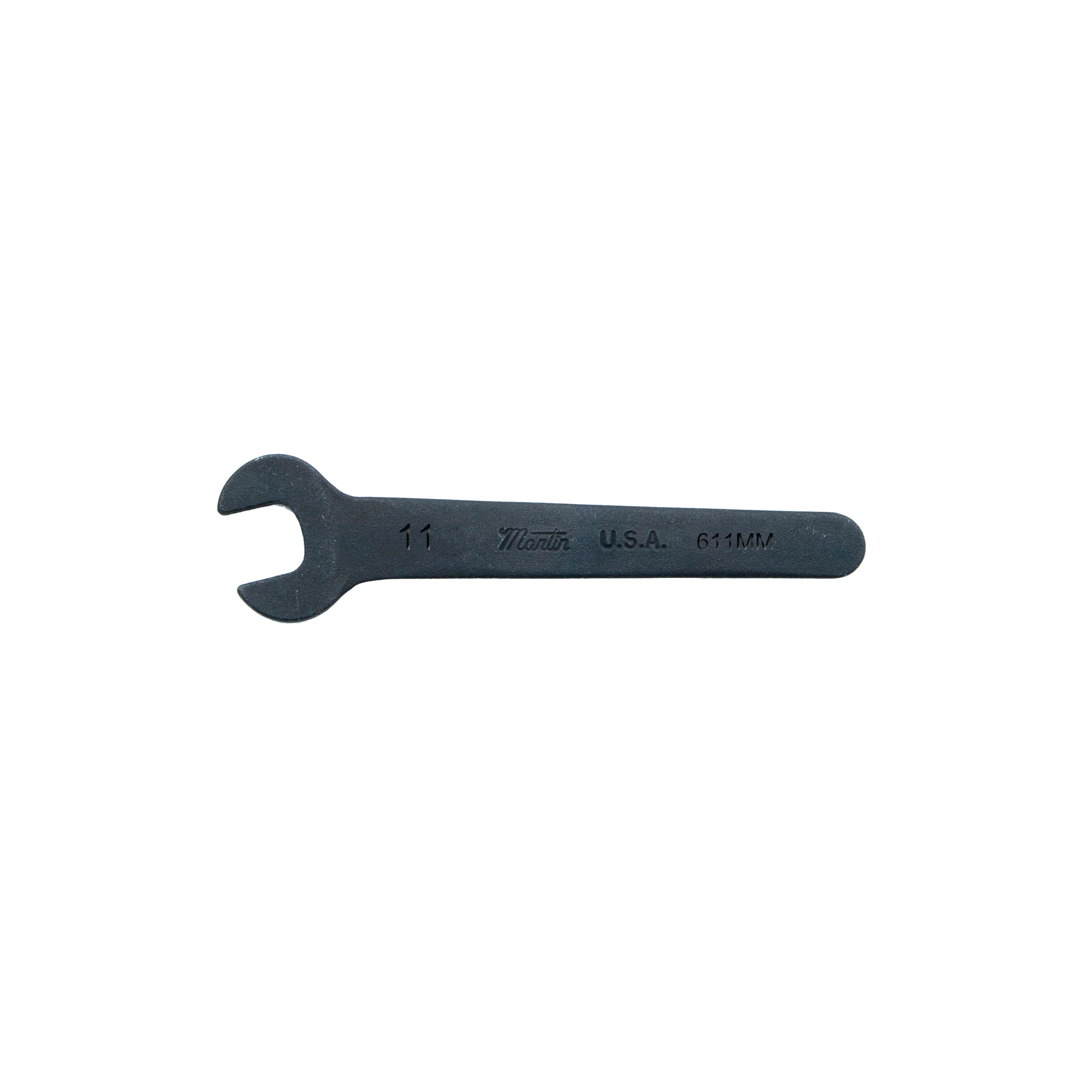 Open End Wrench, Check Nut Slotted Thin Pattern, Measurement System: Imperial, 19/32 Inch Wrench Opening, 6 Points, 4-1/2 Inch Overall Length, 1-1/4 Inch Open End Width, 5/32 Inch Open End Thickness, Single Head, 15° Head, Flat Handle, Drop Forged Steel, Industrial Black