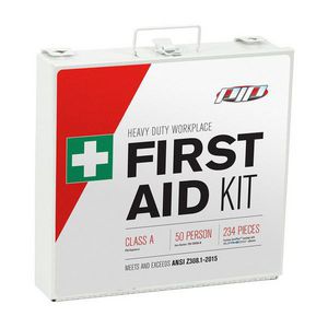 First Aid Kit, Heavy Duty Lightweight, Series: 299-15050A, Wall Mounting, 234 Components, People Served: 50, Metal Case, White