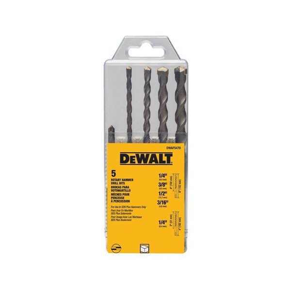 Hammer Drill Bit Set, 2-Cutter, Imperial System of Measurement, 3/16 in Minimum Drill Bit Size, 1/2 in Drill Bit Size, 135 deg Drill Point Angle, 5 Piece, Specifications: Shank, Steel, Proprietary