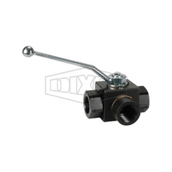 Ball Valve, 3-Way High Pressure Full-Bore, 1 Inch Nominal, FNPT, 5145 psi, -20 to 215 °F, L-Full Port, Carbon Steel Body, FKM Softgoods, Black Oxide