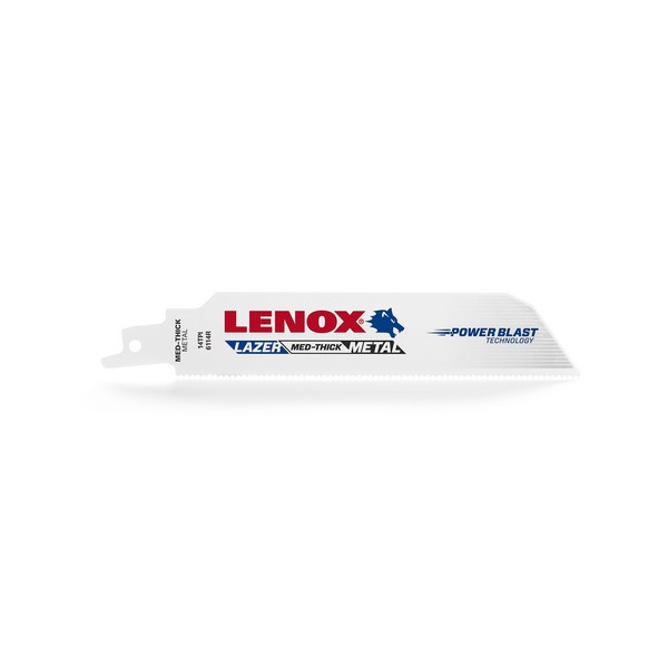 Reciprocating Saw Blade, Shatter-Resistant Straight, 6 in Length, 1 in Width, 0.035 in Thickness, 14 TPI, Patented/Reinforced Teeth, 1/2 in Tang, Universal/Toothed Edge Tang, HSS Cutting Edge, Flexible Steel Body, Bright, Applicable Materials: All Me