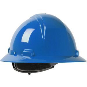 Hard Hat, Full Brim Non-Vented, Series: 280-HP641R, Universal Size, Fits Minimum Hat Size: 6, Fits Maximum Hat Size: 8, Royal Blue, Foam Polyethylene/Nylon, 4-Point Quick-Release/Textile Suspension, ANSI Electrical Class Rating: Class E, ANSI Impact Rating: ANSI/ISEA Z89.1 Type I, Graphics: Custom Logo, Wheel Ratchet Adjustment