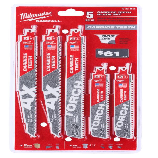 Reciprocating Saw Blade Set, 5 Piece, Specifications: 0.05 in THK, Carbide/Steel