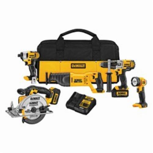 Cordless Combination Kit, 5-Tool Compact, Circular Saw, Hammer Drill, Impact Driver, Reciprocating Saw, 20 VDC, Lithium-Ion, 3 Ah Battery, Contractor Bag Package Type, Yellow