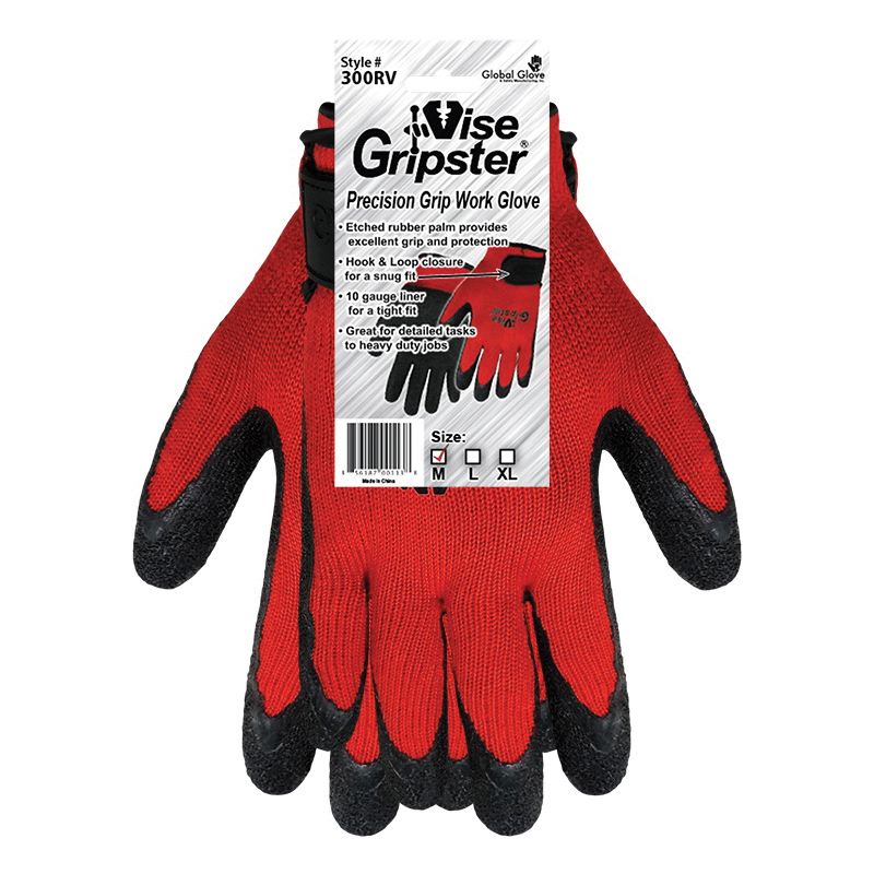 Vise Gripster, 300RV-XL, General Purpose Gloves, Series: 300RV, XL/SZ 10 Size, Etched Rubber Palm, 10 ga Cotton/Polyester, Black/Red, Seamless Lining, Knit Wrist Cuff, Hook and Loop Closure