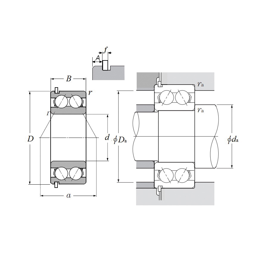 Double Row Angular Contact Ball Bearing, 30 mm Inside Diameter, 62 mm Outside Diameter, 0.9375 Inch Overall Width, 25° Contact Angle, Snap Ring, Steel Cage