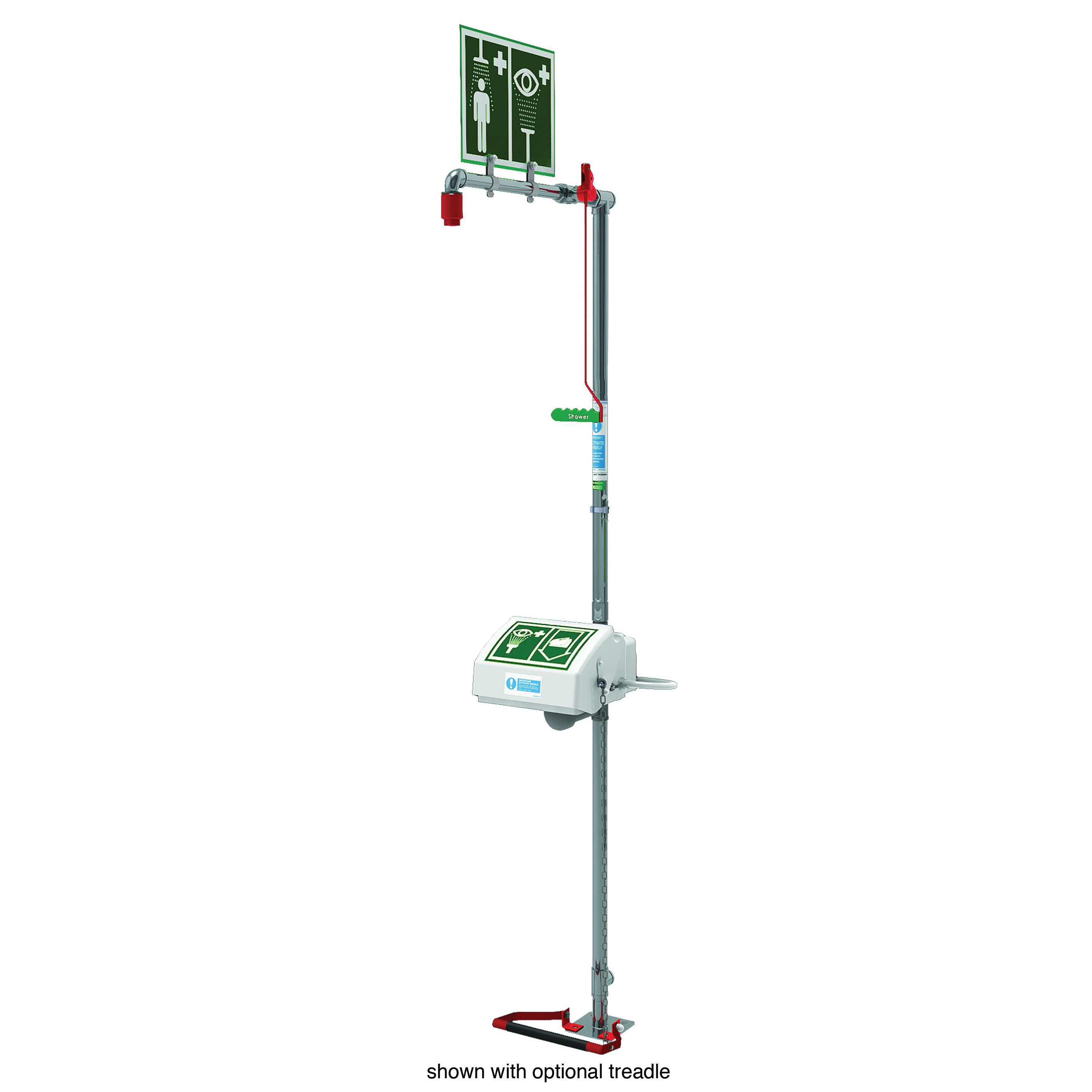 Hughes Combination Shower, Closed Bowl Top Inlet, Series: Hughes, Stainless Steel Pipe, Acrylic Capped ABS Eyewash Bowl, Nylon 6 Shower Head, 9-1/2 in Diameter Bowl, Floor Mounting, UL Listed, Green/Red, Nylon 6 Nozzle/Chrome Plated Brass with Stainl