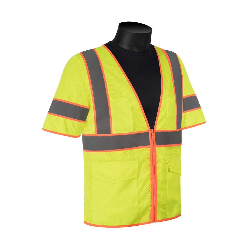 Surveyor Vest, Reflective, Series: C16014G, 4XL Size, Hi-Viz Green, Mesh/Polyester, Front Zipper Closure, 2 Pockets, ANSI Class: Class 3