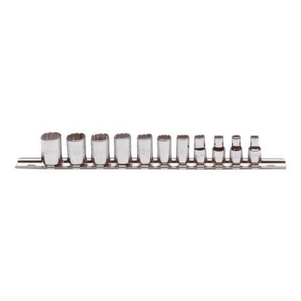 Socket Set, Measurement System: Metric, 11 Piece, 12 Points, 5 to 14 mm Included Socket Size, 1/4 in Drive, ASME B107.5M Specifications Met, Full Polished