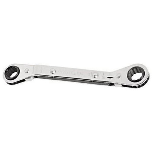 Wrench, Reversible Box End, Measurement System: Imperial, Double End/Offset/Ratcheting Wrench, 1/2 x 9/16 in Wrench Opening, 12 Points, 6-1/2 in Overall Length, 25˚ Offset, 1 in Box End Width, 1/2 in Box End Thickness, Alloy Steel, Full Polished