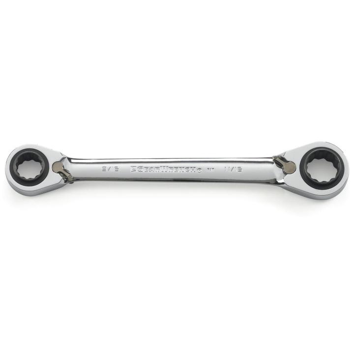 Box End Wrench, Double, Measurement System: Imperial, Reversible, Ratcheting Wrench, 9/16 x 5/8 in, 11/16 x 3/4 in Wrench Opening, 12 Points, 8.27 in Overall Length, 0° Offset, 1.2 x 1.34 in Box End Width, 0.67 x 0.75 in Box End Thickness, Steel, Polished