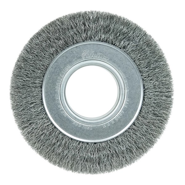 Wire Wheel Brush, Wide Face, 6 in Brush Dia, 1-1/4 in Brush Width, 2 in, Crimped Wire, 0.0104 in Wire Dia, Steel Wire, 1-1/8 in Trim Length, 6000 RPM Max