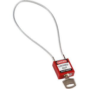 Cable Padlock, Compact, Different Key, Red, Nylon Body, 0.16 in Shackle Dia, 40 cm Shackle Height, 8 in Shackle Width, PVC Encased Steel Cable Shackle, 1.31 in Body Length, 1-1/4 in Body Width, 5-Pin Tumbler Cylindrical, DANGER LOCKED OUT - DANGER /