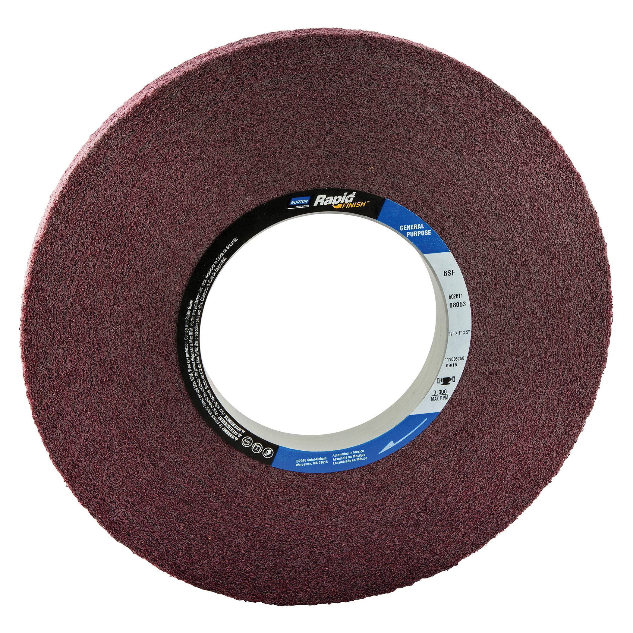 Non-Woven Abrasive Wheel, Convolute, Silicon Carbide Abrasive, 12 in Wheel Diameter, 5 in Center Hole, 1 in Face Width, Fine Grade, 3000 RPM Maximum, 6 Density Number, Maroon