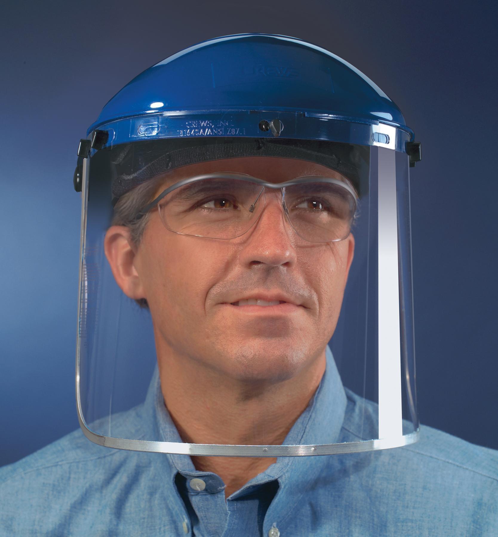 Face Sheild, Headgear, Blue/Clear, Polycarbonate, Ratchet Adjustment