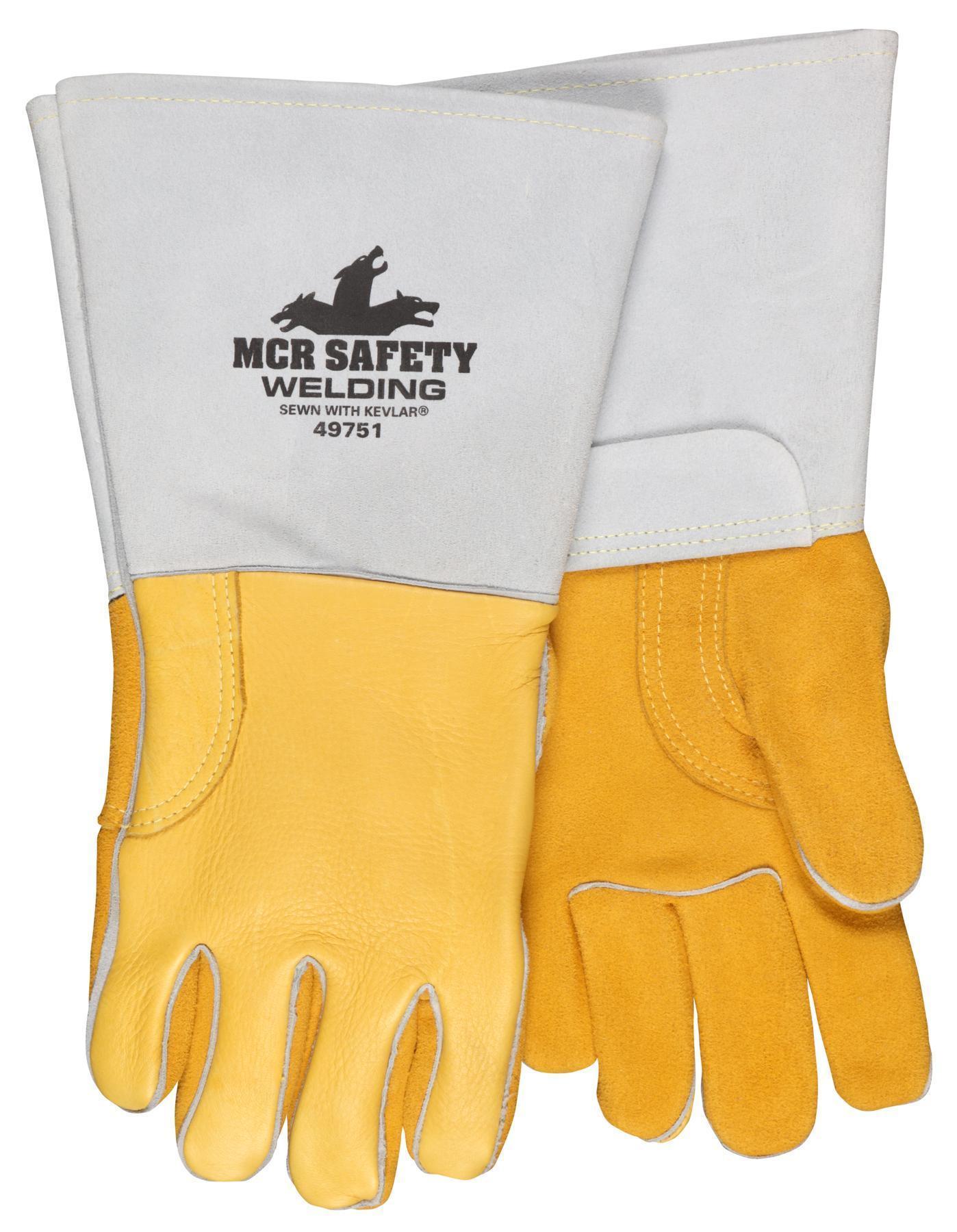 Gloves, Welding, XL Size, Grain Leather Palm, Gold/Grey, Cotton/Foam Lining, Gauntlet Cuff