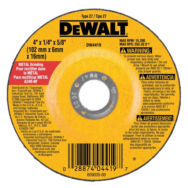 Depressed Center Grinding Wheel, Flat, 4 in Wheel Diameter, 1/4 in Wheel, 5/8 in Center Hole, Arbor Connector, 24 Grit, Coarse Grade, Aluminum Oxide Abrasive, Wheel Type Number: Type 27, 15200 RPM Resin Bond, Wheel Hardness: R, Yellow Wheel, Reinforc