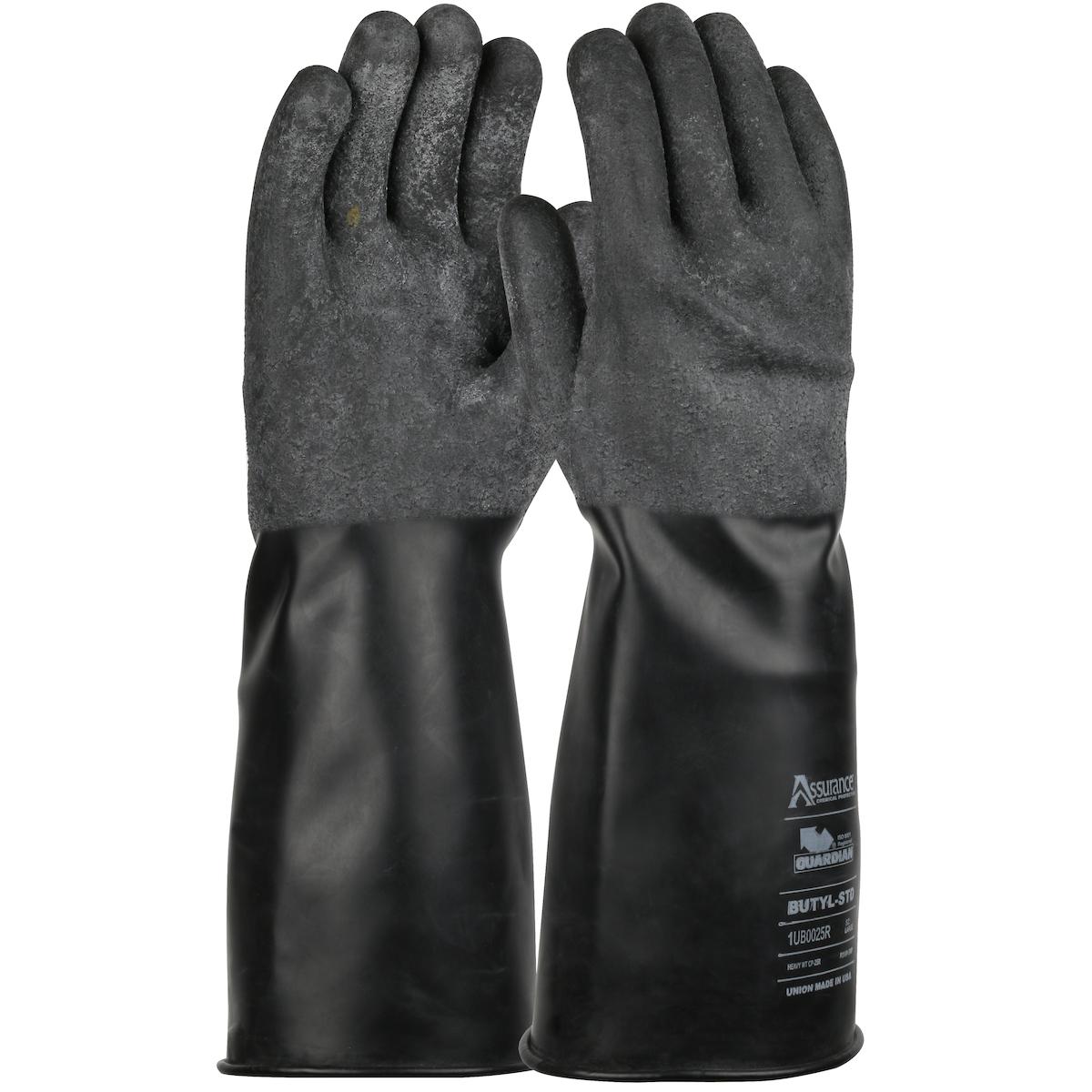 Gloves, Rough Grip, Series: 1UB0025R, Butyl Rubber, Black, Ergonomic Hand, Straight Cuff, Unsupported Support, 14 in Length, 25 mil Thickness, Resists: Chemical