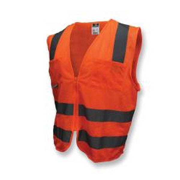 Safety Vest, Standard, Series: SV8OM, 3XL Size, Hi-Viz Orange, Polyester Mesh, Silver Stripe, 32 in Chest, Zipper Closure, 6 Pockets, ANSI Class: Class 2, Specifications Met: ANSI/ISEA 107-2015 Type R