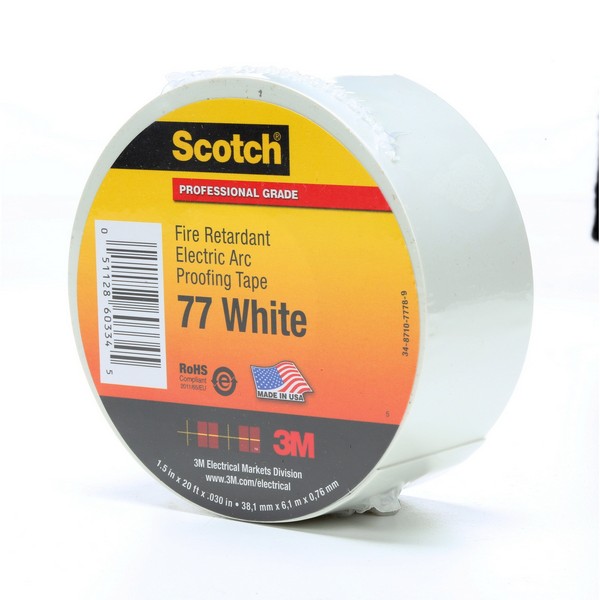 Electric Arc Proofing Tape, Flame-Retardant Insulated, Series: 77 Series, 20 Foot Length, 1-1/2 Inch Width, 30 mil Thickness, Gray/White, Intumescent Elastomer Backing, 1200 PSI Tensile Strength, Specifications Met: ASTM D-2863, ASTM C-518, EO-5343-14