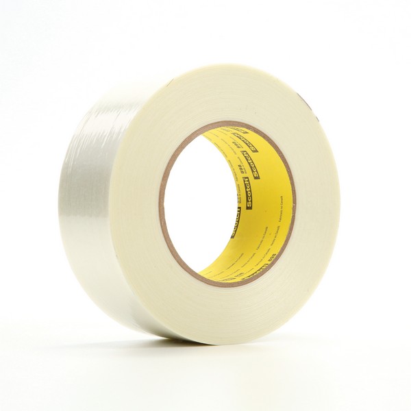 Filament Tape, High Performance, 55 m Length, 18 mm Width, 6.6 mil Thickness, Glass Yarn Filament, Clear, Synthetic Rubber Adhesive, Polypropylene Backing, 70 in-oz Adhesion Strength, 380 in-lb Tensile Strength, Specifications Met: ASTM D5330