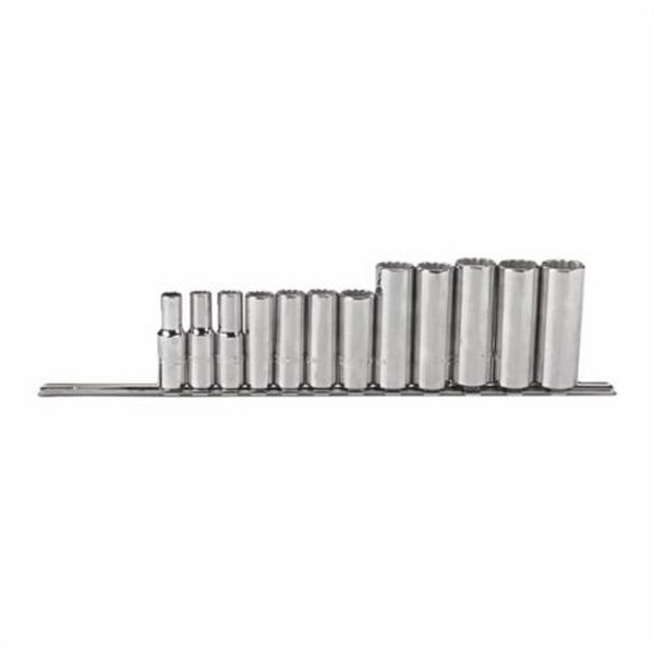 Socket Set, Deep, Measurement System: Metric, 12 Piece, 12 Points, Included Socket Size: 8 to 19 mm, 3/8 in Drive, Specifications Met: ASME B107.5M, Full Polished