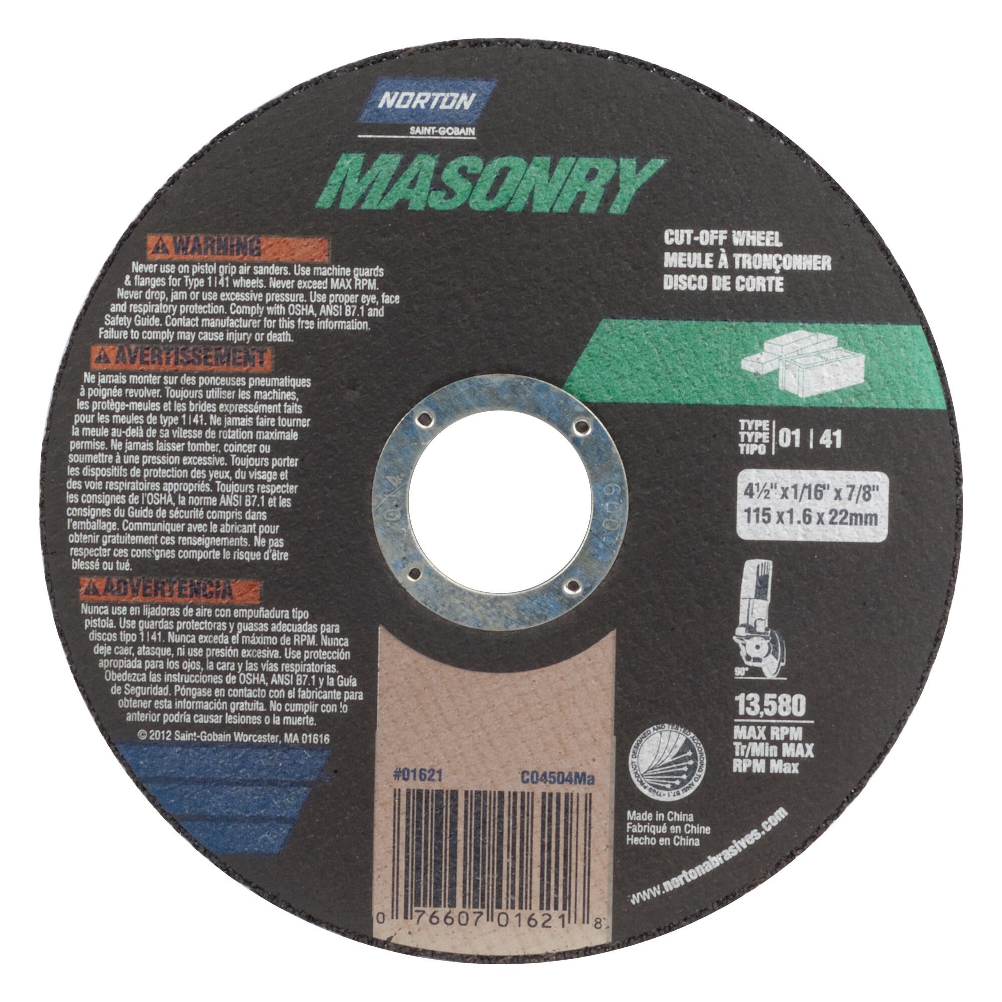 Metal Cut-Off Wheel, All Purpose Small Diameter, 6 in Wheel Dia, 0.04 in Wheel Thickness, 7/8 in Center Hole, 60 Grit, Medium Grade, Aluminum Oxide Abrasive, 10185 RPM Maximum, Resin Bond, Applicable Materials: 400 Series Stainless Steel, Hard Carbon Steel, Soft Carbon Steel and Ferrous Metals, Wheel Type Number: Type 01/41 Straight