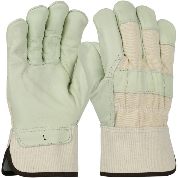General Purpose Gloves, Unisex, Series: 5000, Leather Palm/Work Glove, L Size, Premium Grain Cowhide Leather Palm, Cotton/Premium Grain Cowhide Leather, White, Full Finger/Wing Thumb Style, Rubberized Safety Cuff, 10 in Length