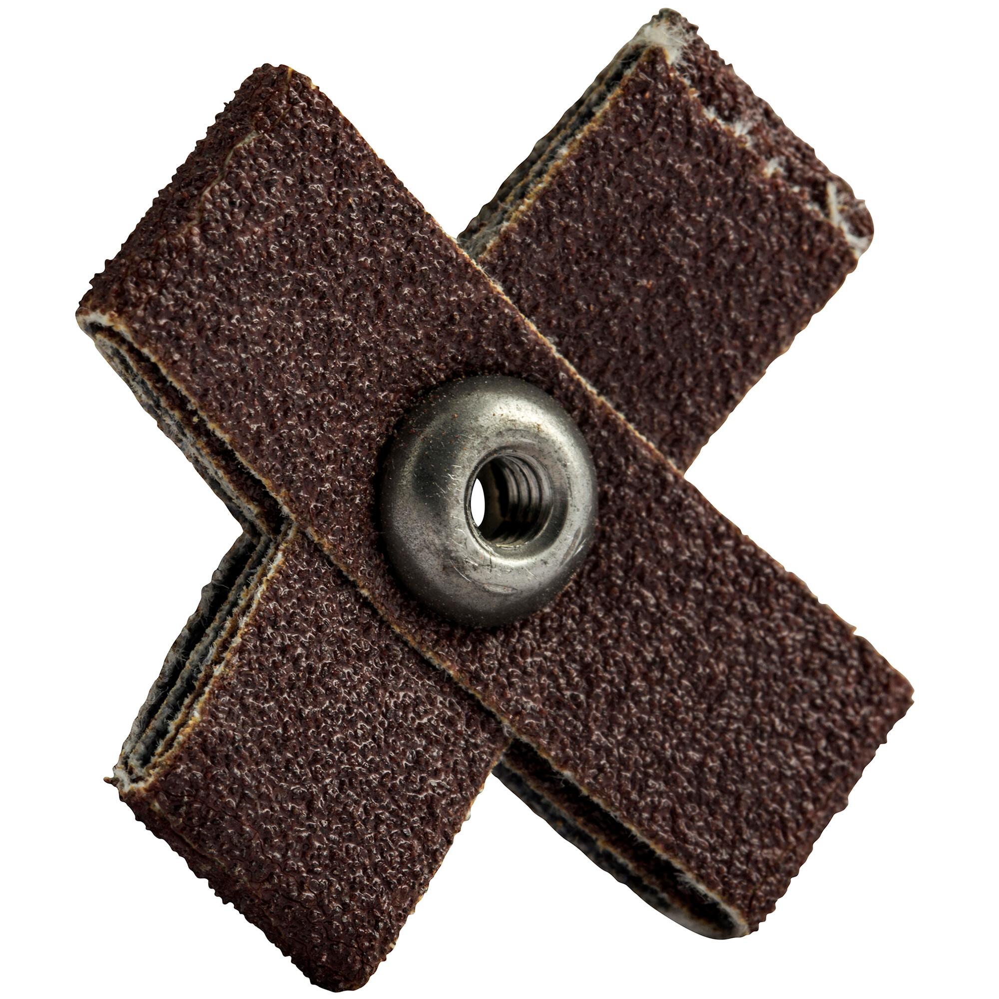 Pads, Cross, Series: Merit, 1-1/2 in Pad Width, 1-1/2 in Pad Length, 1/2 in Pad Thickness, 8-32 Eyelet Thread, P60 Grit, Coarse Grade, Aluminum Oxide Abrasive, Cotton Backing, X-Weight Backing Weight, 8 Ply