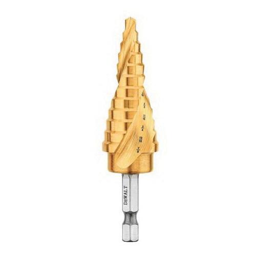 Step Drill Bit, High Performance Impact-Rated, Imperial, 3/16 in Diameter Minimum Hole, 7/8 in Diameter Hole, 3-3/8 in Overall Length, 12 Steps, 5/32 in Step Depth, 12 Hole, 2 Flutes, Spiral Flute, 1/4 in Shank, Hex Shank, 135 deg Point, Split Point,
