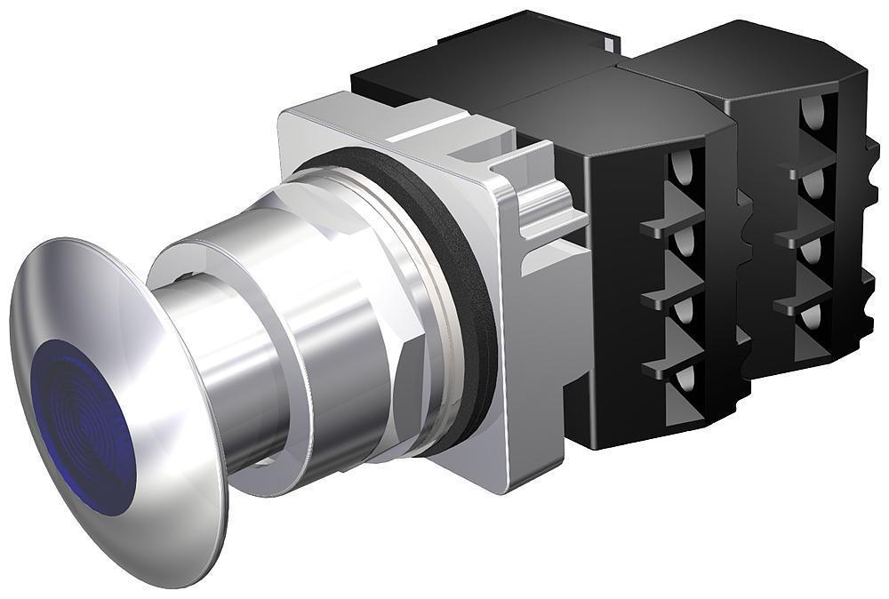 Illuminated Push-Pull Switch, 30 mm Size, 2NC ContConfiguration, Silver Contact, Momentary-In/Momentary-Out ContMode, 60 A at 110 VAC, 30 A at 230 VAC, 15 A at 400 VAC, 12 A at 500 VAC Contact, 44.5 mm Mushroom Head Operator, 3 Positions, Incandescen