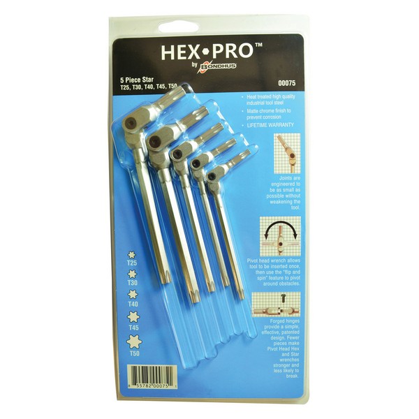 Torx Wrench Set, Pivot Head, Measurement System: Torx®, 5 Piece, Torx® Drive, T25 to T50 Torx, L-Handle Handle , Tool Steel, Matte Chrome