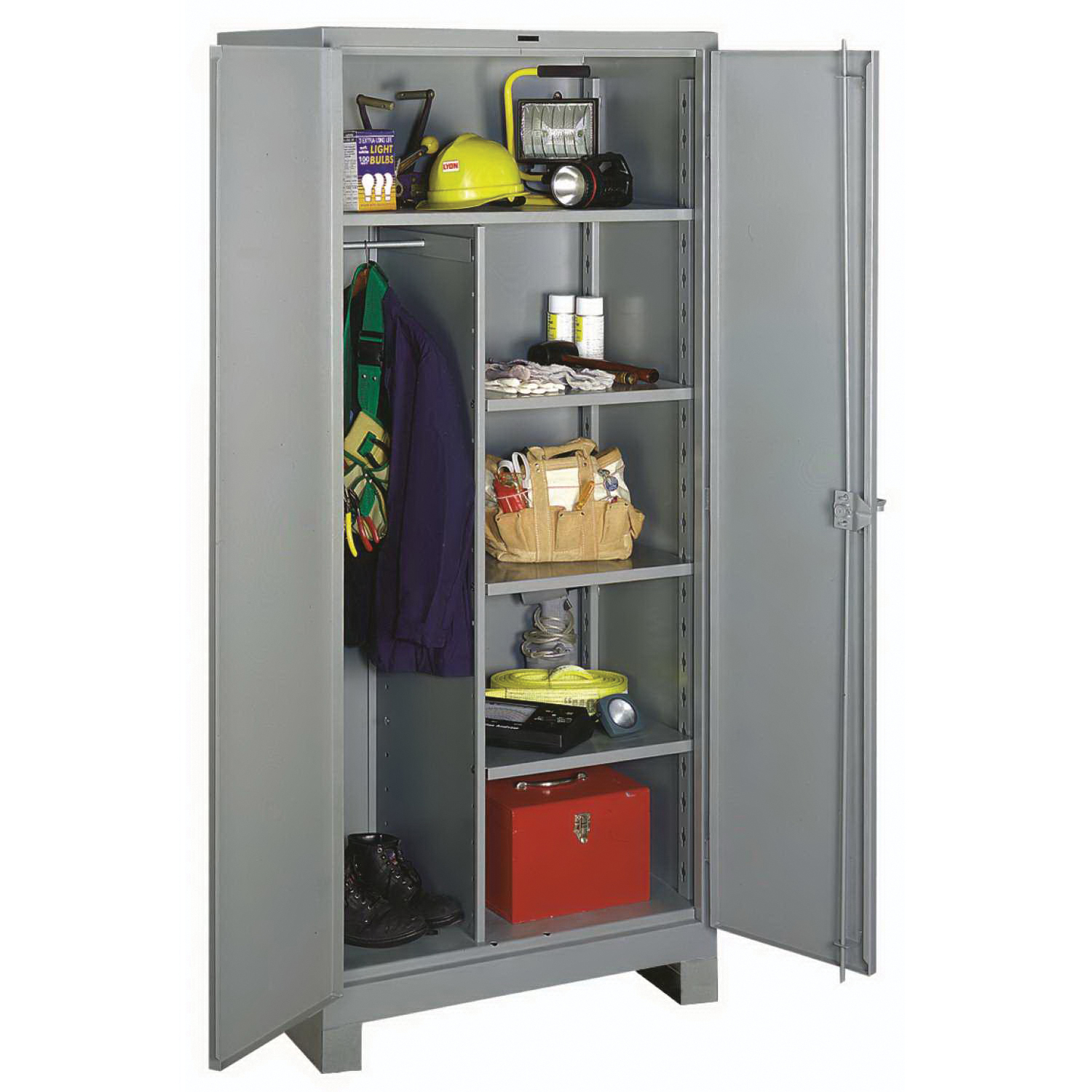 All-Welded Combination Cabinet, 2-Door, Series: 1100, 1450 lb Capacity, 48 in Width, 24 in Depth, 82 in Height, 14 ga Thickness, Cast Iron Handle, 1 Full/3 Half Shelves, Padlock Hasp Handle, Dove Gray