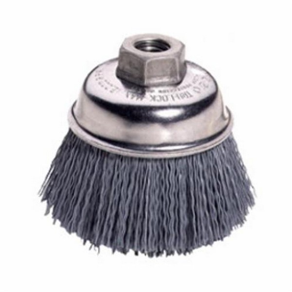 Cup Brush, 5 in Brush Dia, 5/8-11 UNC, Crimped Wire, 0.04 in Wire Dia, Silicon Carbide Wire, 1-1/4 in Trim Length, 8000 RPM Max