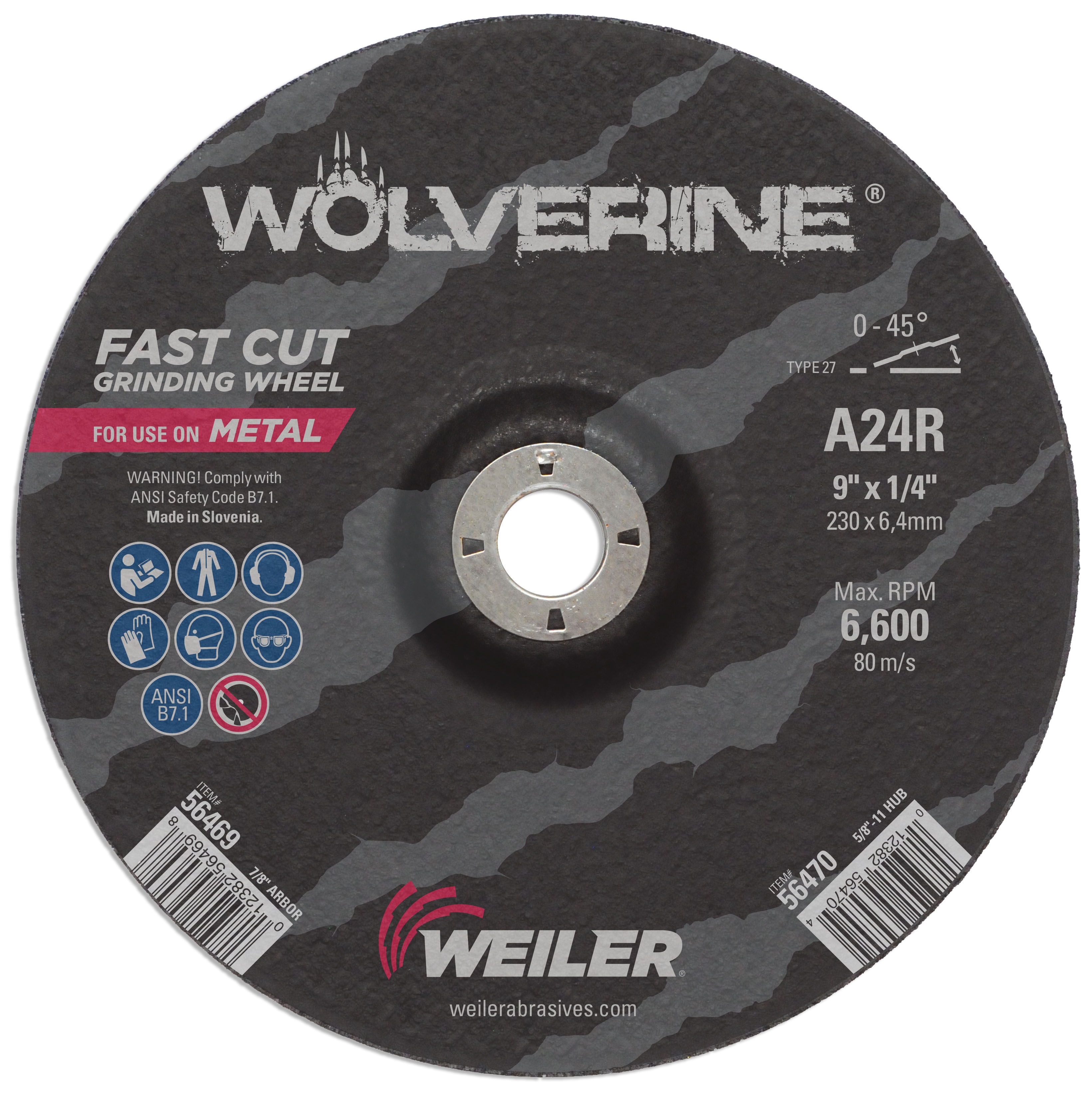 Grinding Wheel, 9 in Wheel Diameter, 1/4 in Wheel, 7/8 in Center Hole, 24 Grit, Aluminum Oxide Abrasive